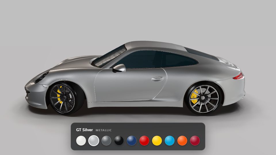 A silver sports car above a row of paint swatches