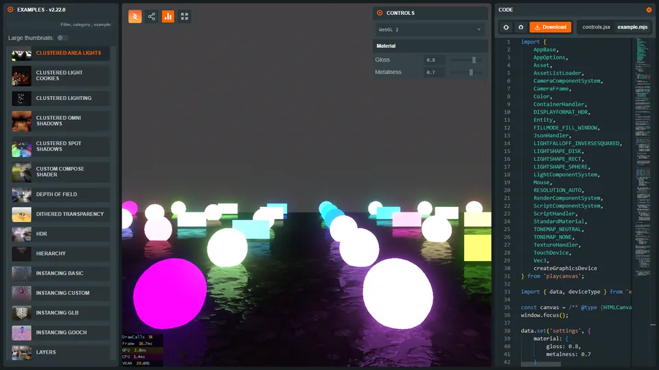 The Engine Examples browser running a clustered area lights example beside its source code