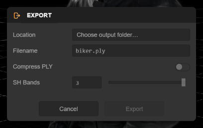 The export dialog with its Location and Filename rows