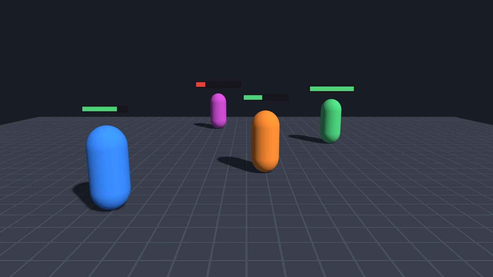 Characters in a 3D scene, each with a health bar floating over its head. The bars keep the same size on screen, whatever the distance of the character