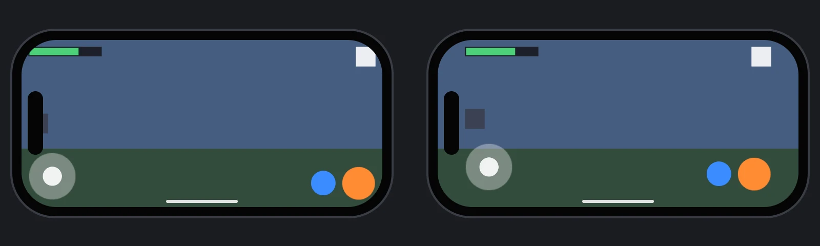 Two phones in landscape, each with a camera cutout at the left and a home indicator at the bottom. On the first phone, the corner elements of the HUD are partly covered. On the second, they sit inside the safe area