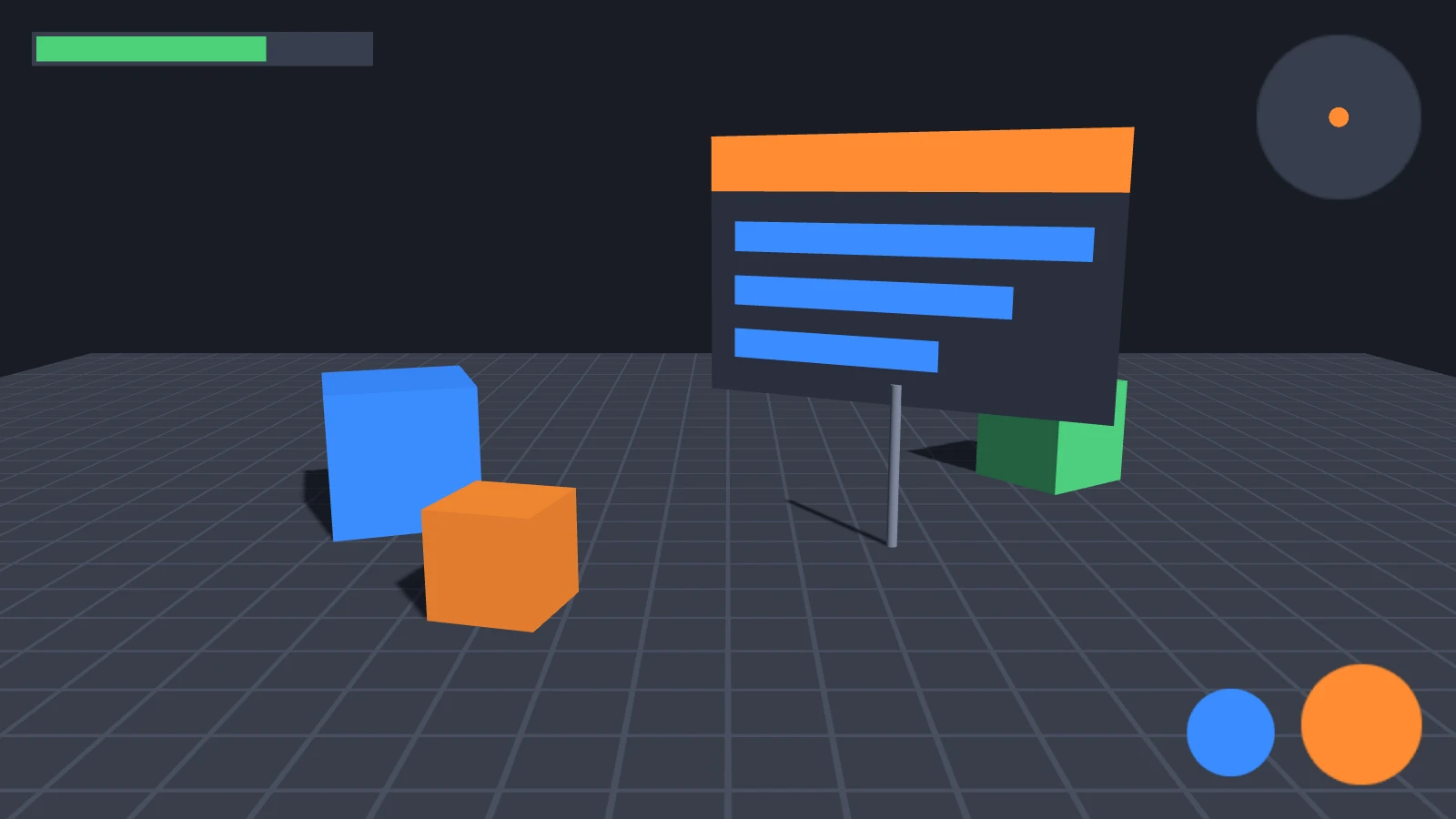 A 3D scene with a panel standing in it, seen in perspective, and a flat HUD with a bar and buttons drawn over the view